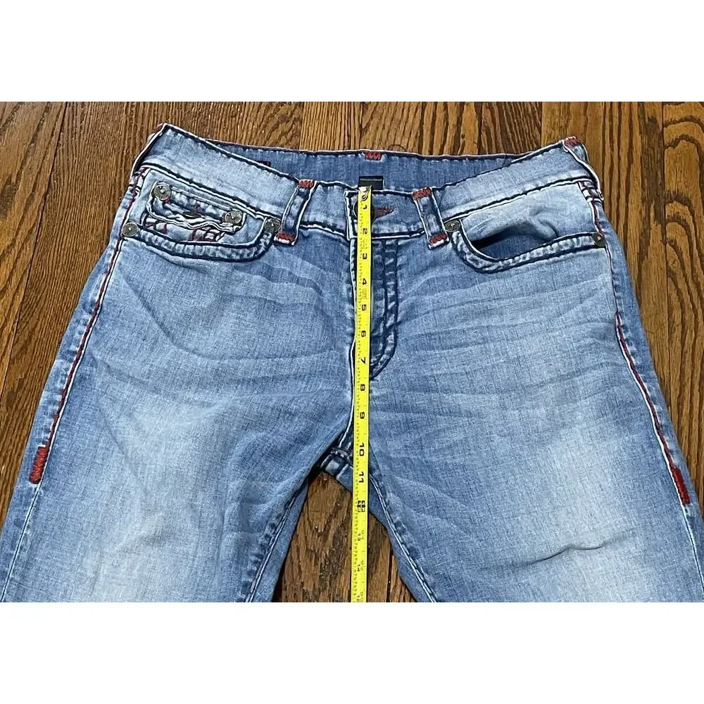 True Religion Ricky Blue Super T Relaxed Straight Flap Jeans Mens 33 Red Stitch